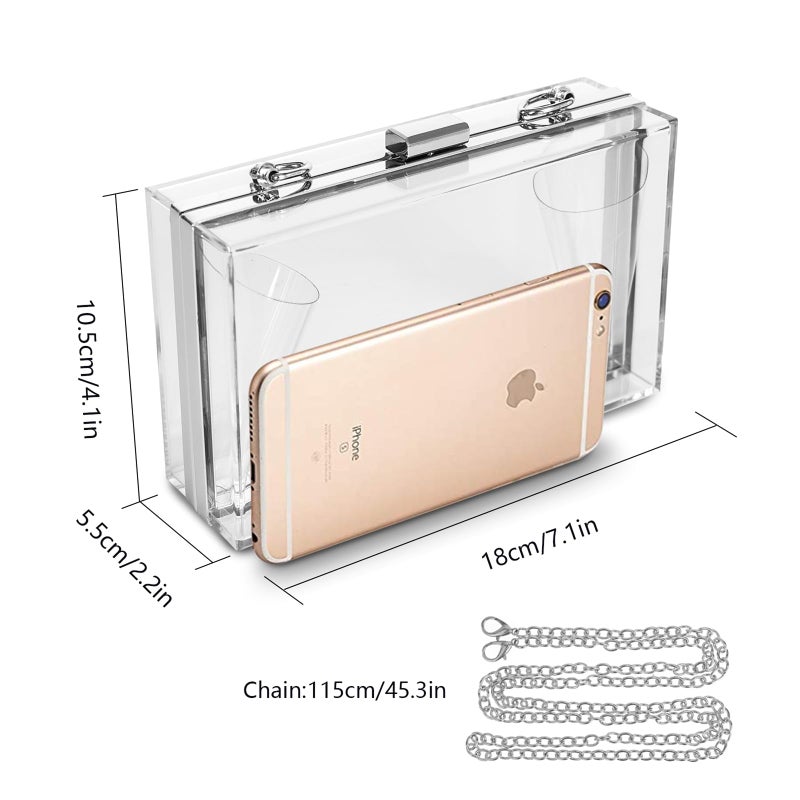 WJCD Women Clear Purse Acrylic Box Clutch Handbag, Small Transparent Crossbody Evening Bag Stadium Approved Gold Chain Strap (Silver) - Image 2